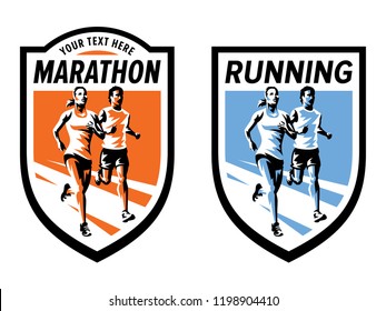 Marathon running sports logo set. Vector illustration with running woman and man.