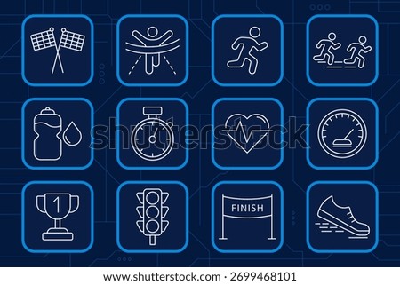 Marathon set icon. Finish line, runner, stopwatch, heart rate, water bottle, shoe, competition, speed, teamwork, trophy, fitness, health, endurance, exercise, race event.