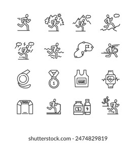 Marathon Sign Black Thin Line Icon Set Include of Whistle, Marathoner and Route. Vector illustration of Icons