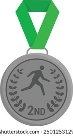 Marathon silver medal for second place with runner silhouette and olive branches. Winner medal with green ribbon on transparent background