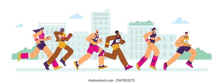 Marathon sport race background with running people at city backdrop, cartoon flat vector illustration isolated on white background. Marathon or jogging or run race.