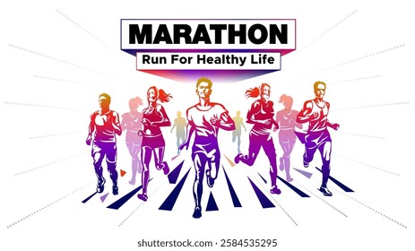  Marathon or Sports day concept. Group of community people running vector drawing illustration.