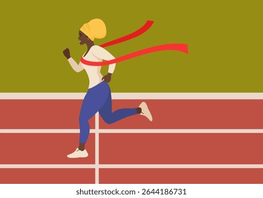 Marathon at the stadium. The winner, an African woman, was the first to reach the finish line and cross the red ribbon. Victory.