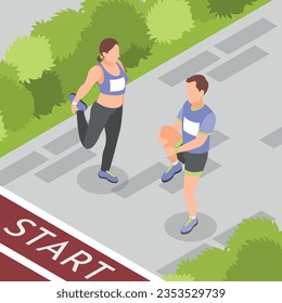 Marathon start isometric background with two runners warming before race 3d vector illustration