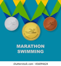 Marathon swimming sport icon on medal award set with Brazilian color theme designed of ribbon in vector illustration 