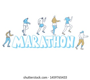 Marathon text. Lettering and tiny runners. Different people jogging with giant word isolated. Vector design.