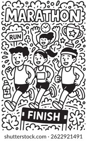 Marathon themed doodle vector background in black and white, filled with running gear, participant silhouettes, mile markers, and motivational phrases.