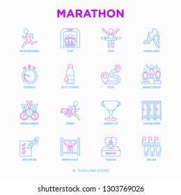 Marathon thin line icons set: runner, start, finish, running shoes, bottle of water, route, award, changing room, memory photo, donation, fan zone. Vector illustration.