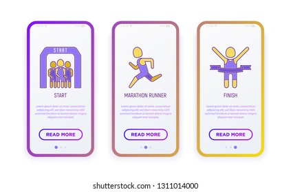 Marathon thin line icons set: runner, start, finish. Vector illustration for user mobile interface.