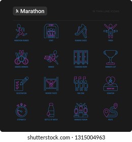 Marathon thin line icons set: runner, start, finish, running shoes, bottle of water, route, award, changing room, memory photo, donation, fan zone. Vector illustration.