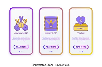 Marathon thin line icons set: award, memory photo, donation. Vector illustration for user mobile interface.