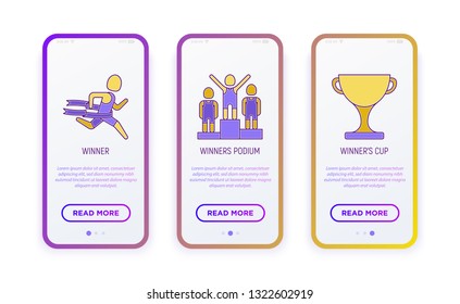 Marathon thin line icons set: runner, finish, winner podium, award. Vector illustration for user mobile interface.