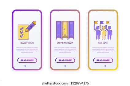 Marathon thin line icons set: registration, changing room, fan zone. Modern vector illustration for user mobile interface.