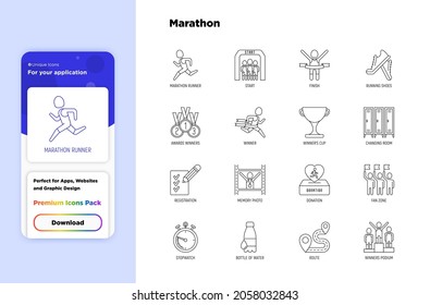 Marathon thin line icons set: runner, start, finish, running shoes, bottle of water, route, award, changing room, memory photo, donation, fan zone. Vector illustration.