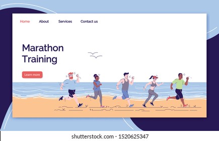 Marathon training landing page vector template. Sports training website interface idea with flat illustrations. Healthy lifestyle homepage layout. Running people web banner, webpage cartoon concept