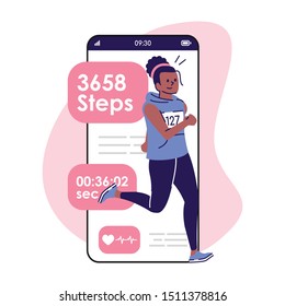 Marathon training smartphone interface vector template. Mobile app page with cartoon character. Running woman, track of workout on screen. Flat UI for application. Fitness tracker. Phone display