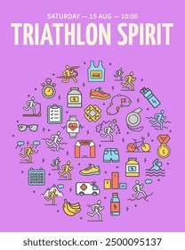 Marathon Triathlon Spirit Concept Vertical Invitation Placard Poster Banner Card Template. Vector illustration of Sport Equipment, Glasses, Clothes and Shoes