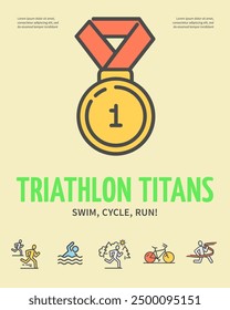 Marathon Triathlon Titans Concept Vertical Invitation Placard Poster Banner Card Template. Vector illustration of Gold Medal with Number One