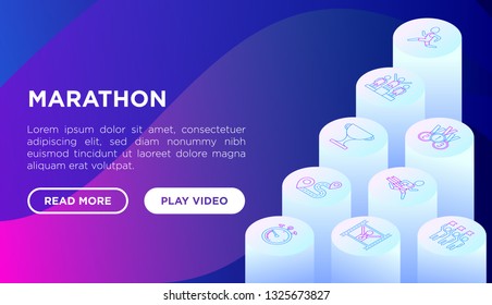 Marathon web page template with thin line isometric icons: runner, start, finish, running shoes, route, award, changing room, memory photo, fan zone. Vector illustration.