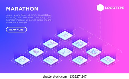 Marathon web page template with thin line isometric icons: runner, start, finish, route, award, changing room, memory photo, fan zone. Vector illustration.