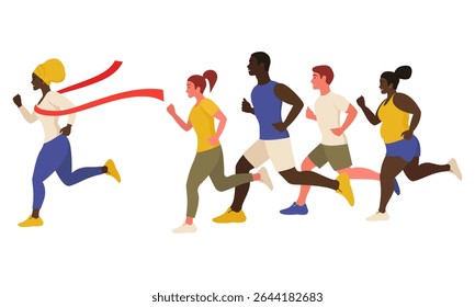 Marathon. The winner, an African woman, was the first to reach the finish line and crossed the red ribbon. Runners.