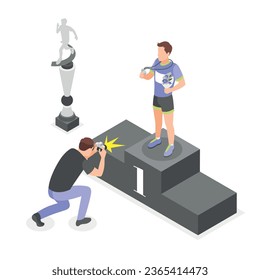 Marathon winner posing for photographer on pedestal isometric composition 3d vector illustration
