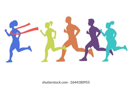 A marathon and a winner with a red ribbon. The winner becomes the leader. Silhouettes of different colors. Runners.