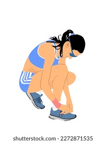 Marathon woman runner on race vector illustration isolated on white background. Sport girl athlete tying laces sneakers. Fit lady fix shoestring. Active female sport body tying shoelaces. Health care. svg