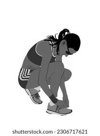 Marathon woman runner on race vector illustration isolated on white background. Sport girl athlete tying laces sneakers. Fit lady fix shoestring. Active female sport body tying shoelaces. Health care.