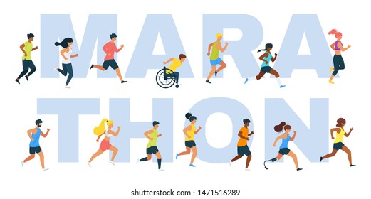 Marathon word concept banner. Sportive people, athletes running marathon, sportsmen with disability cartoon characters. Sport training, exercise and athletics. Outdoor sport isolated design element