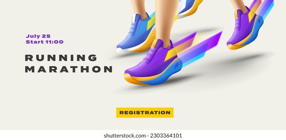 marathonposter with closeup lags of tight competition run for win, sneakers with speed movement stripes, 3d style