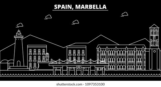 Marbella silhouette skyline. Spain - Marbella vector city, spanish linear architecture, buildings. Marbella travel illustration, outline landmarks. Spain flat icon, spanish line banner