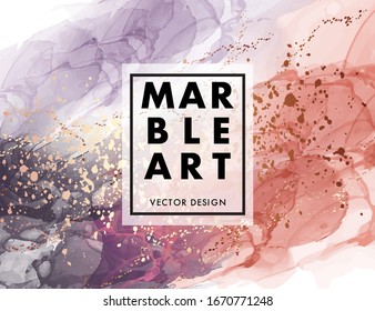 Marble abstract liquid coral and navy shape. Violet creative water paint alcohol ink design with gold background.  Dark Poster ink. Vector.