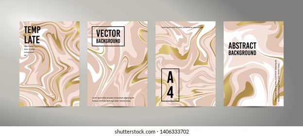 Marble Abstract Pink Gold White Background. Vector texture of the Fluid paint. Template A5 A4 A3 for wedding, invitations, banners, cards, business card