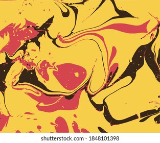 Marble abstract stains pattern. Shapes of black, red, and yellow marbling paint shapes. Vector illustration hand drawn