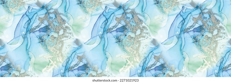 Marble Alcohol Ink. Blue Abstract Background. Metal Water Color. Luxury Canvas. Vector Ink Background. Vector Seamless Template. Green Art Paint. Foil Marble Watercolor. Gold Geode Seamless Texture.
