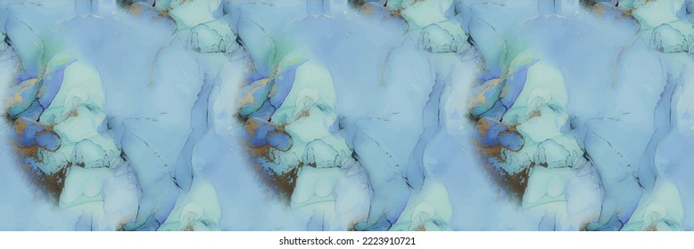 Marble Alcohol Ink. Foil Ink Paint. Vector Ink Background. Golden Marble. Shiny Water Color. Gold Marble Watercolor. Vector Seamless Template. Blue Seamless Background. Green Light Elegant Texture.