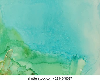 Tinta de alcohol de mármol. Vector de tinta dorada. Acuarela de mármol azul. Acuarela color agua. Glitter de agua Geode. Pintura verde de arte. Mármol Resumen de Cobre. Plantilla Gold Luxury. Fondo del degradado de aceite.