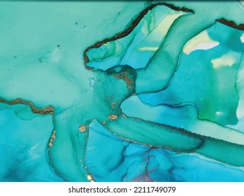 Marble Alcohol Ink. Shiny Abstract Canvas. Gold Marble Watercolor. Blue Art Paint. Fluid Water Texture. Ink Vector Background. Luxury Water Color. Green Abstract Background. Foil Modern Painting.