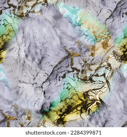 Marble Alcohol Ink. Water Color Background. Fluid Seamless Repeat. Modern Abstract Painting. Blue Floor Marble Background. Gold Amethyst Ink Tile. Gold Water Color Repeat. Blue Abstract Watercolor.