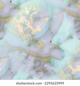 Tinta de alcohol de mármol. Acuarela color agua. Fondo Azul Sin Marea. Pintura De Lujo Sin Pelo. Textura Fluida Elegante. Mármol color agua dorada. Blue Lilac Art Tile. Acuarela de mármol dorado.