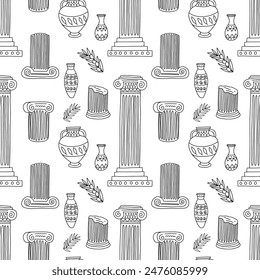 Marble ancient columns seamless pattern. Vector pattern with Greek statues and vases