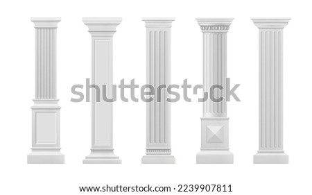 Marble antique column and pillars. Isolated vector set of ancient classic stone shafts. Roman or greece architecture elements with groove ornament for interior facade design realistic 3d mockup [[stock_photo]] © 