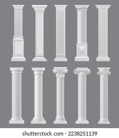 Marble antique columns and pillars. Roman or greek temple or palace building, classical architecture element, museum monument isolated vector pedestal, historical building facade realistic columns set