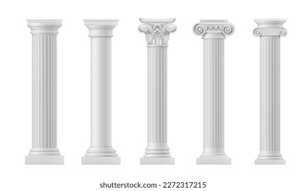 Marble antique columns and pillars of roman and greek architecture elements. Vector realistic classic columns of ancient building or temple. White stone pillars with ornate capitals, vertical flutings