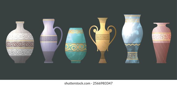 Marble antique Greek vases. Colorful vases set isolated on black vector illustration