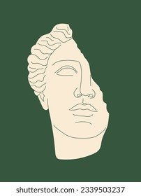 Marble antique statue concept. Broken greek and Roman art object. Bust of human. Sticker for social networks and messengers. Cartoon flat vector illustration isolated on green background