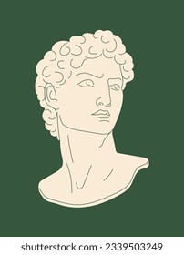 Concepto de estatua antigua de mármol. Creatividad y arte griego y romano. Busto de carácter con pelo rizado. Plantilla, disposición y burla. Dibujo vectorial plano de dibujos animados aislado en fondo verde