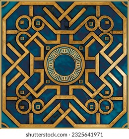 Marble art Deco blue gold greek seamless pattern with round mandala and square frame. Luxury grunge ornamental greek background. Vintage Modern textured ornaments with greek key meanders, borders.