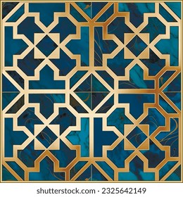 Marble art Deco blue gold mosaic seamless pattern with gold square frame. Ornamental grunge arabesque background. Decorative vintage marbled vector pattern. Modern textured arabian style ornaments.